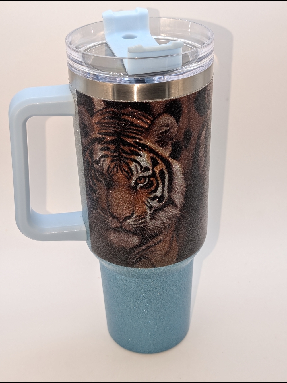 Light Blue Glitter Tiger Travel Mug with Handle(Brandnew)